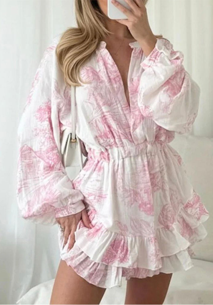 Printed Lantern Long-Sleeve Dress for Spring Outings