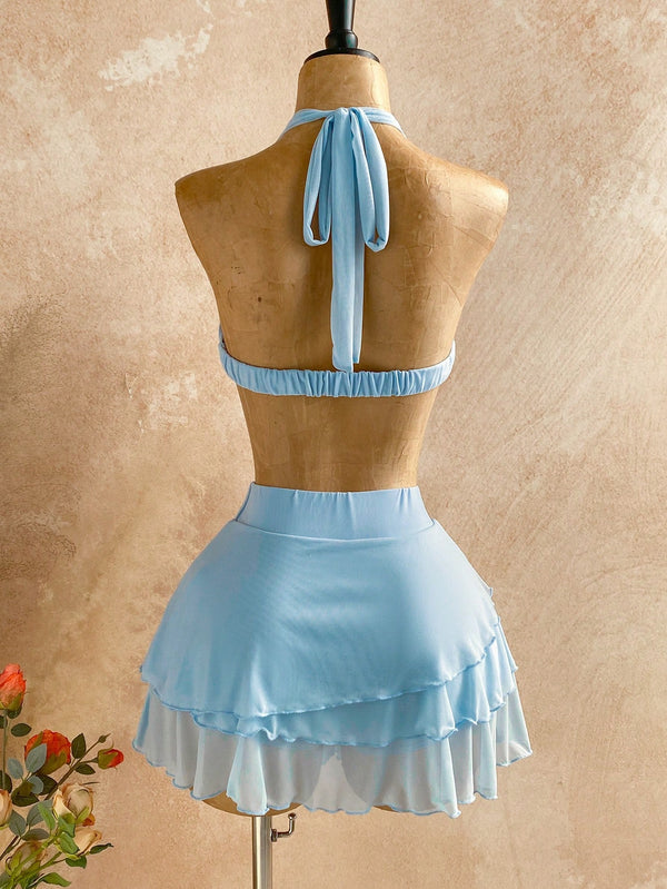 Halter Neck Backless Top & Skirt Two-Piece Set for Evening Wear