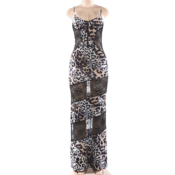 Women Spring Leopard Print Lace Patchwork Sexy See-Through Dress