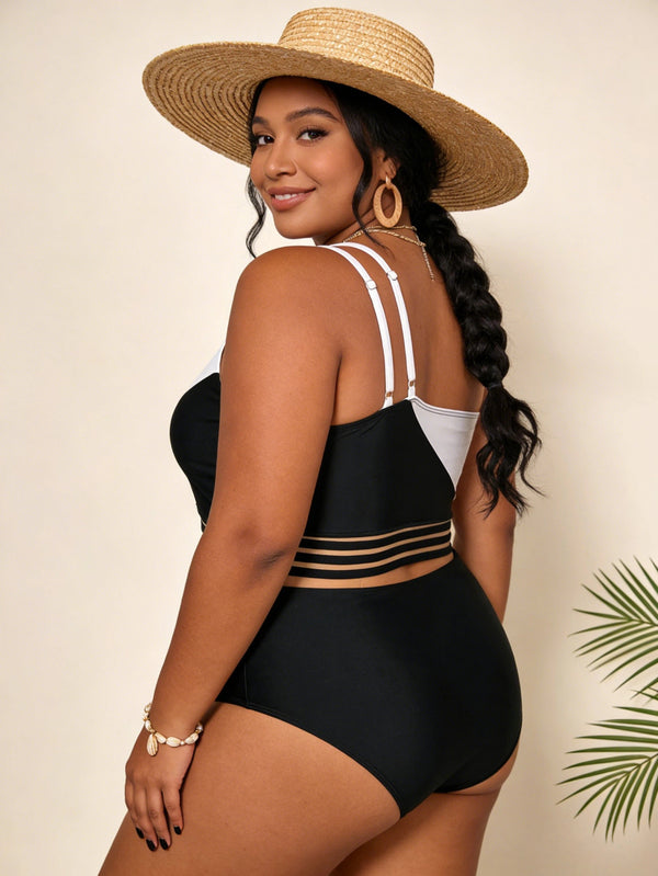 Plus Size Slash Shoulder Color Block Hollow-Out Two-Piece Bikini