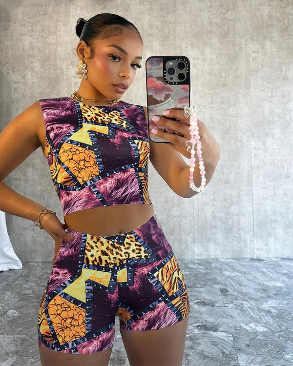 Leopard Print Sleeveless Crop Top & Shorts Two-Piece Set