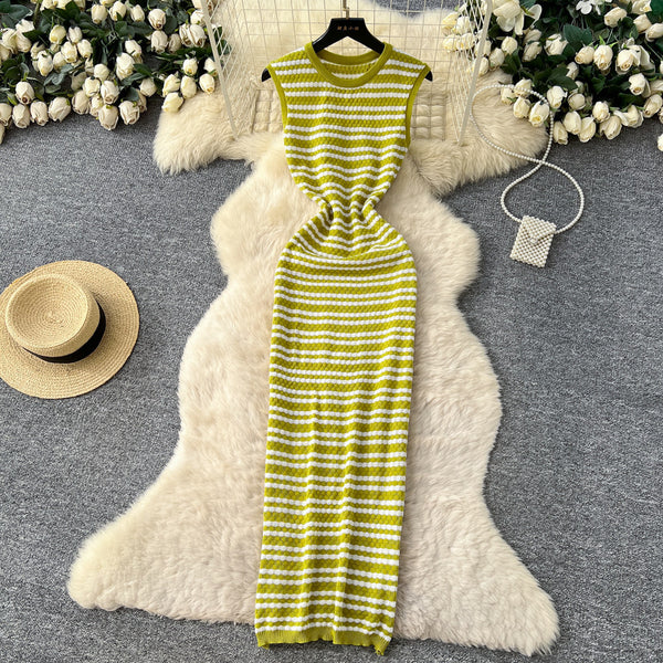 Striped Knitted V-Neck Sleeveless Maxi Dress for Summer