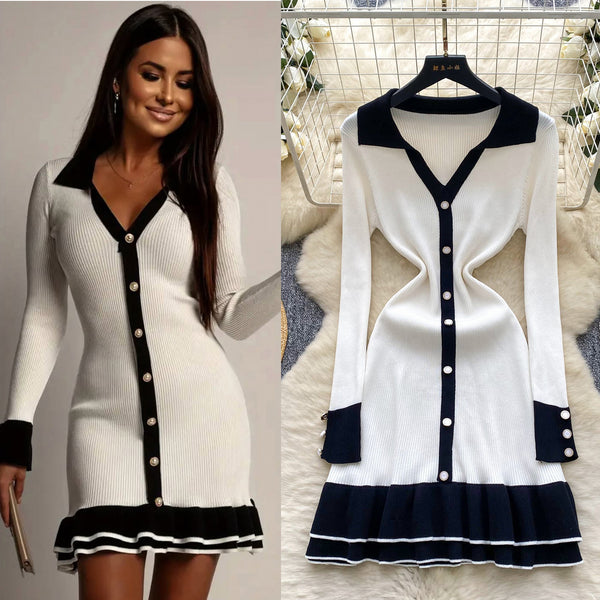 Color-Block Polo Collar Long Sleeve Ruffle Trim Dress