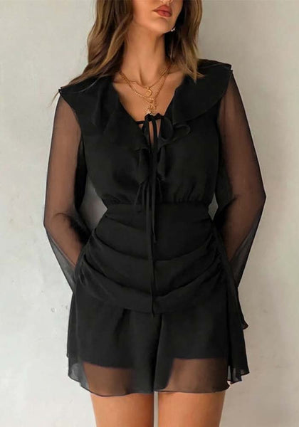 Women See-Through Long Sleeve Ruffle Drawstring V Neck Mini Dress