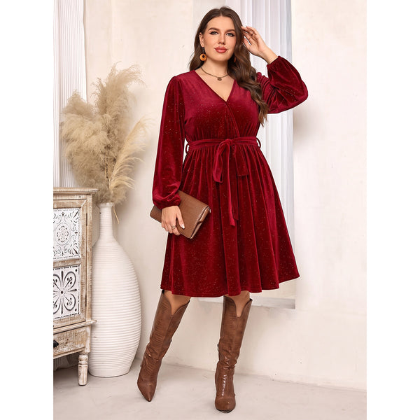 Plus Size Burgundy Velvet V-Neck Lace-Up Lantern Sleeve Dress for Formal Christmas Parties