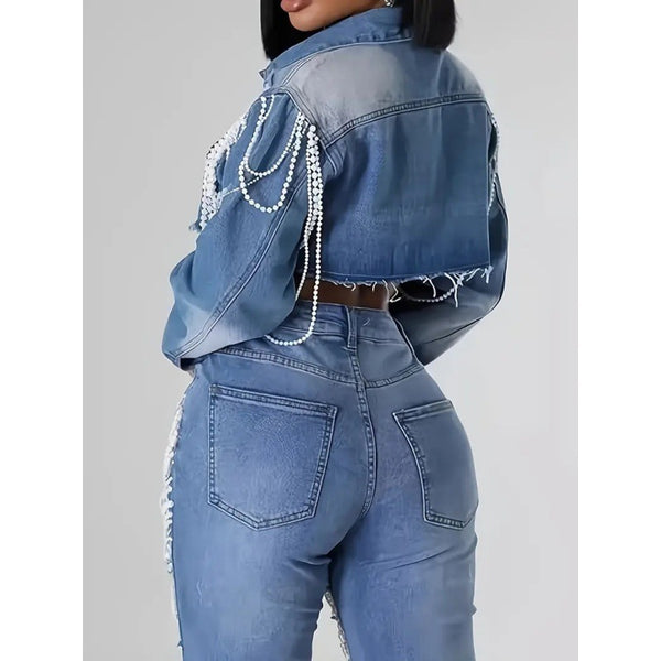 Women's Nightclub Pearl Chain Denim Jacket Fashion Blue Outerwear