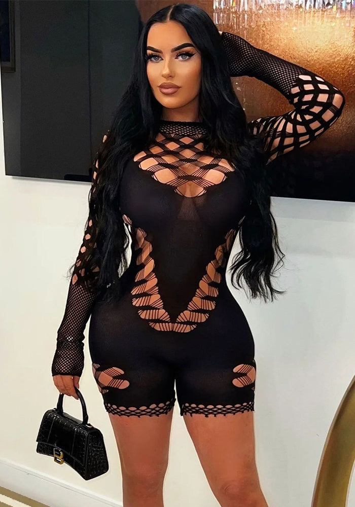 Mesh See-Through Long-Sleeve Jumpsuit for Summer Clubwear