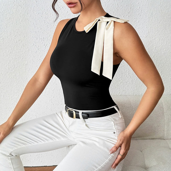 Sleeveless Color-Block Bow Slim Bodysuit for Summer Casual