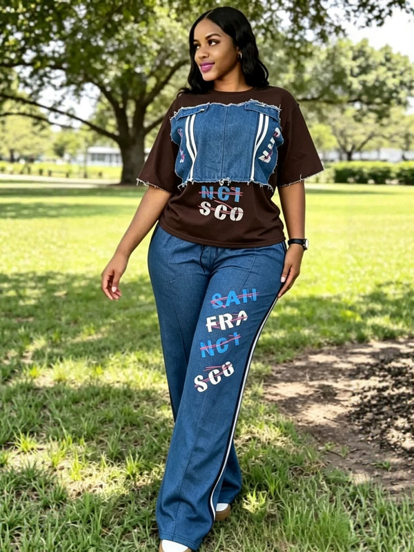 Letter Print Denim Patchwork Short Sleeve Top & Pants Set for Summer