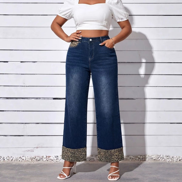 Color-Block Leopard Denim Wide-Leg Pants for Autumn & Winter