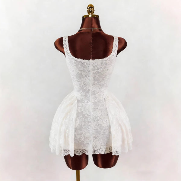 White Lace Square Neck Slim Waist Puff Mini Dress for Summer Events