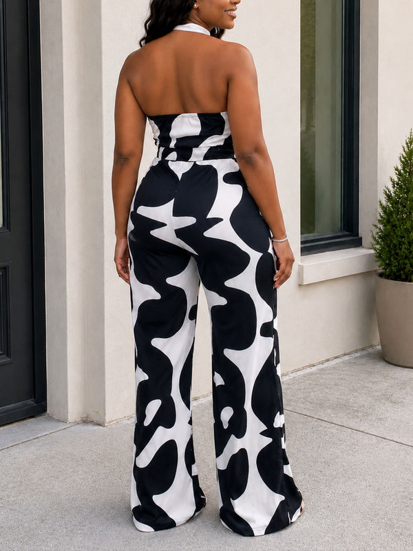 Black & White Printed Halter Neck Top & Wide-Leg Pants Set for Casual Wear