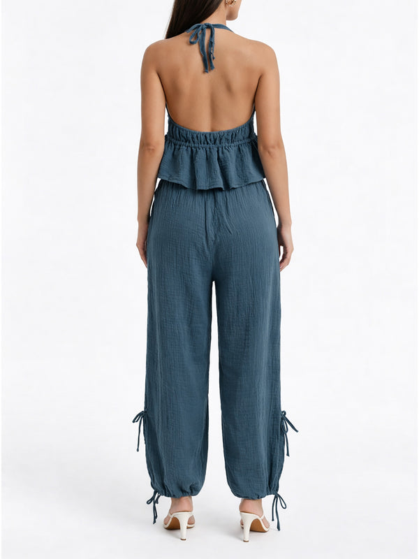 Halter Neck Top & Jogger Pants Two-Piece Set for Holidays