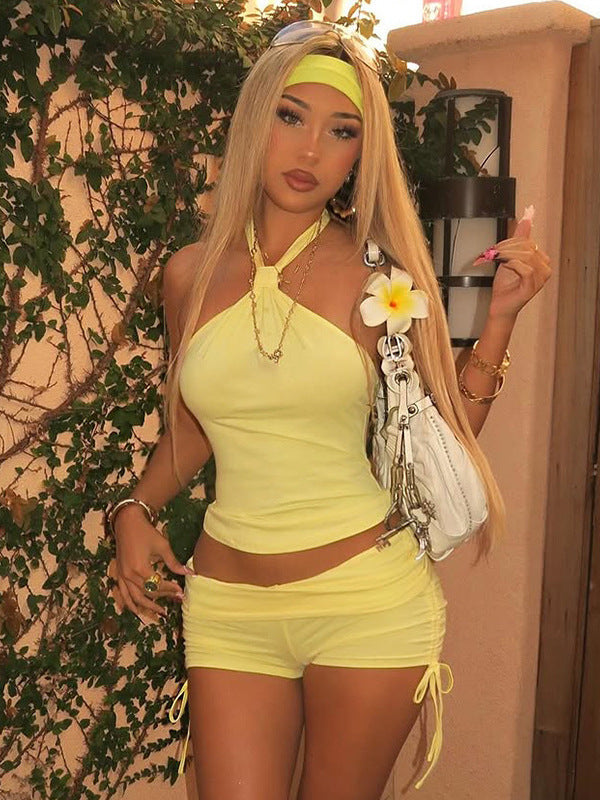 Sleeveless Halter Tie-Up Top & Shorts Two-Piece Set