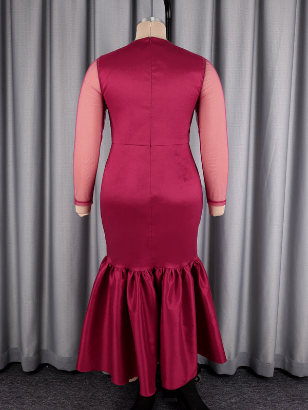 Plus Size Red See-Through Sleeve Midi Dress for Evening Events