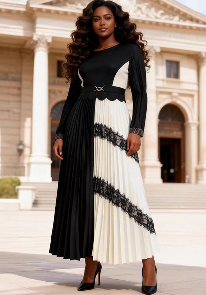 Plus Size African Women Pleated Color Block Elegant Maxi Dress