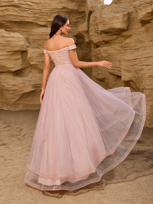 Sequin Patchwork Mesh Off-Shoulder Irregular Layered Midi Dress for Summer Parties
