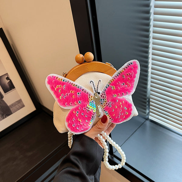 Women Pearl Chain Sequin Butterfly Shell Bag