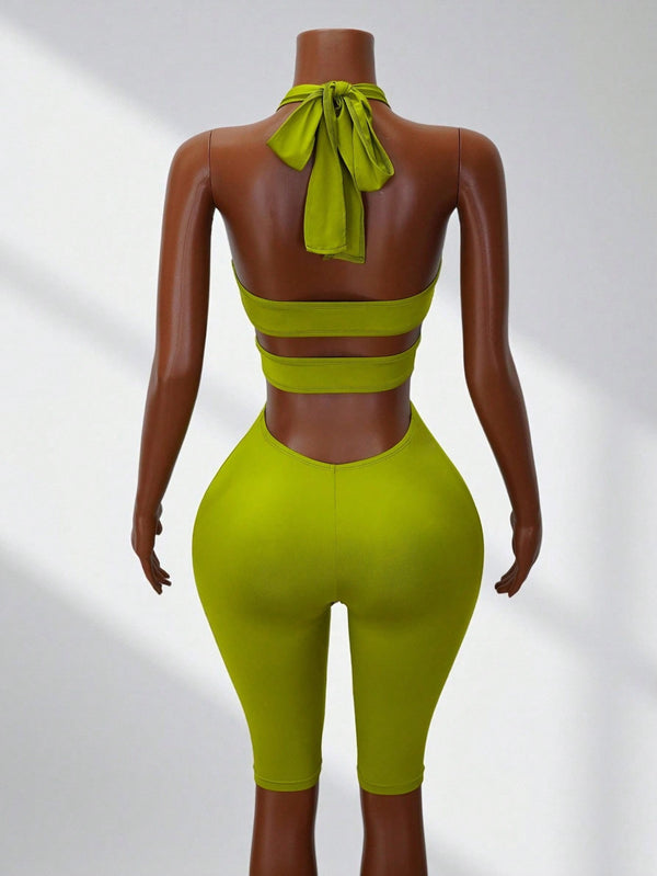 Solid Tight-Fitting Halter Low Back Jumpsuit for Casual Clubbing