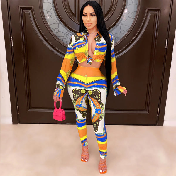 Printed Slim Waist Long-Sleeve Pants Set for Autumn & Winter