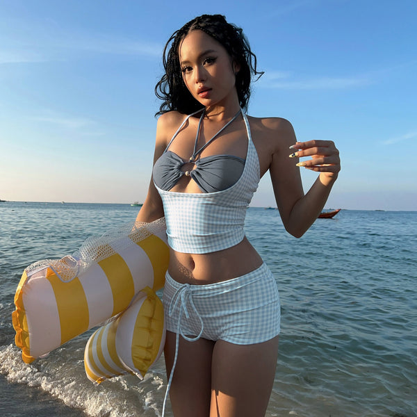 Plaid Lace-Up Hollow-Out Three-Piece Bikini & Shorts Set for Summer