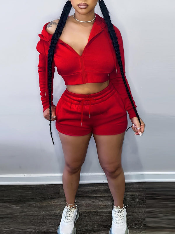Solid Hooded Two-Piece Shorts Set for Spring Casual Wear