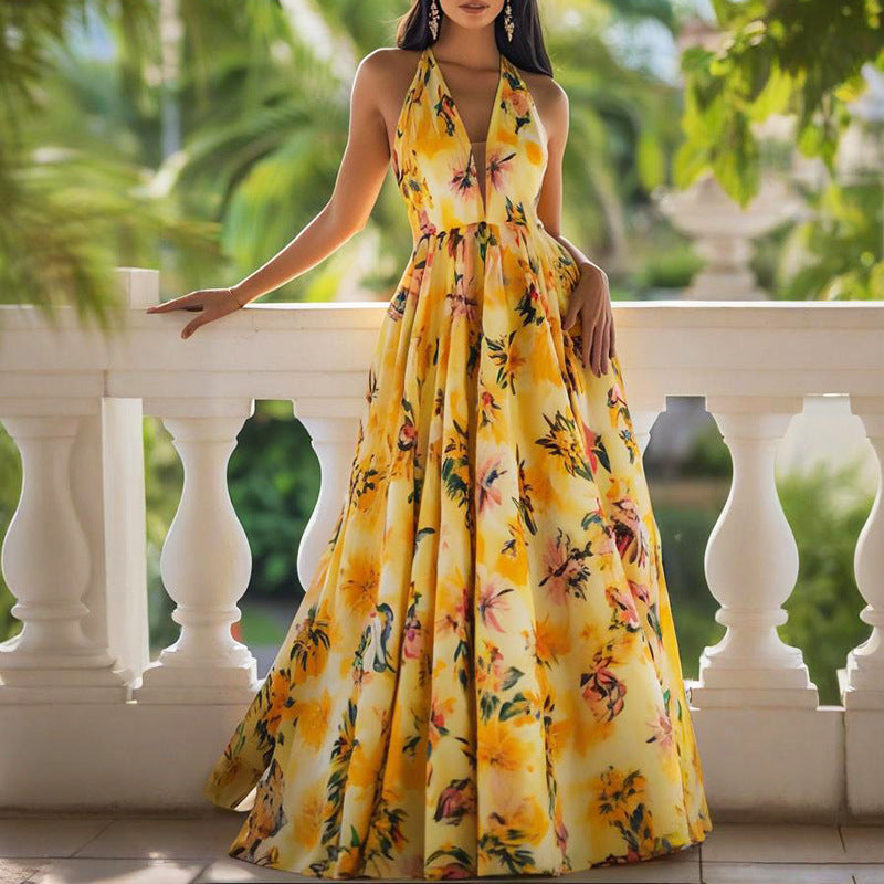 Women Spring Print V-Neck Camisole Maxi Dress