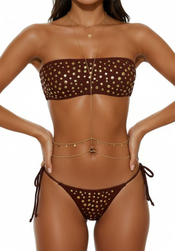 Metal Dot Strapless Lace-Up Two-Piece Bikini Swimsuit