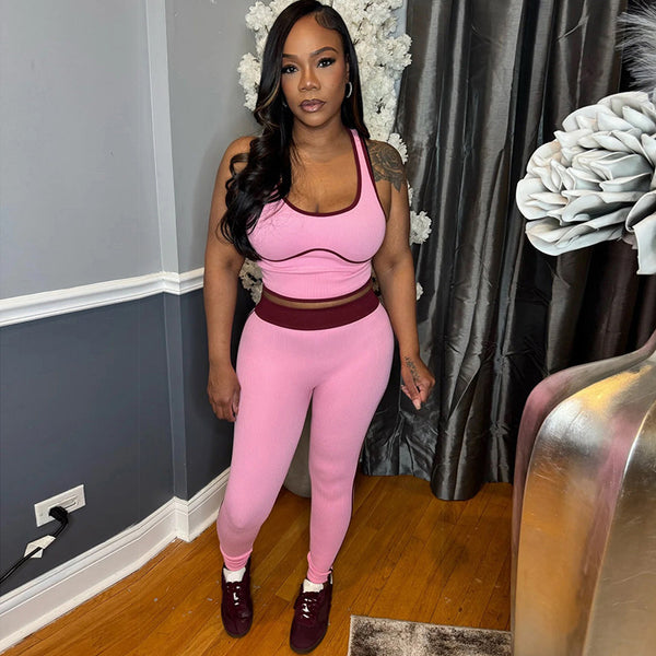 Low Back Top & High-Waist Color-Block Sports Pants Set