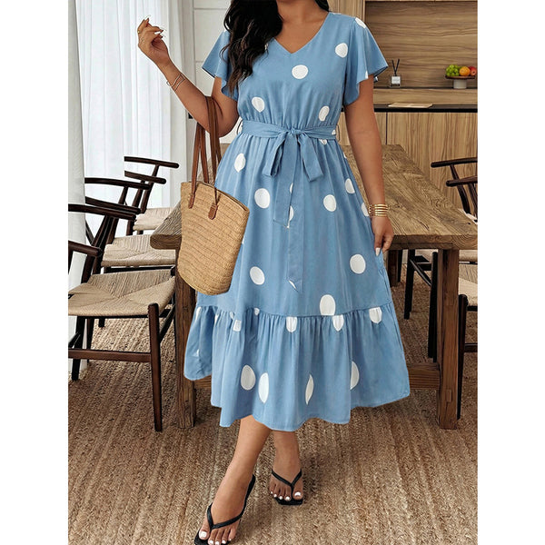 Plus Size Light Blue Polka Dot V-Neck Dress Ruffled Tie Dress