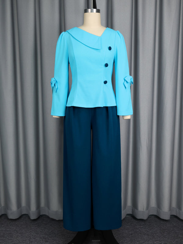 Colorblock Slash Shoulder Bow Top & Wide Leg Pants Career Set