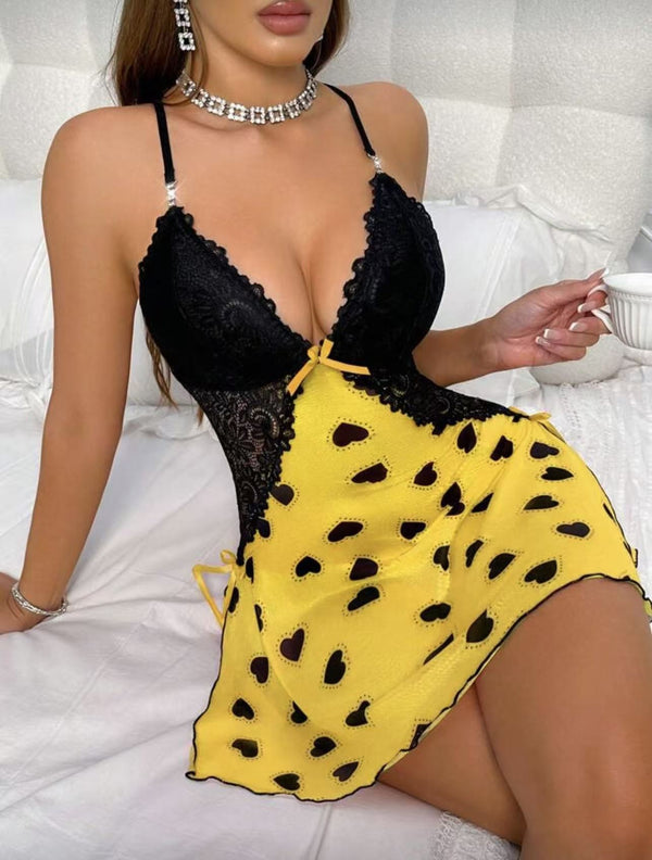 Lace Patchwork Heart Print Strap Nightdress for Intimate Sleepwear