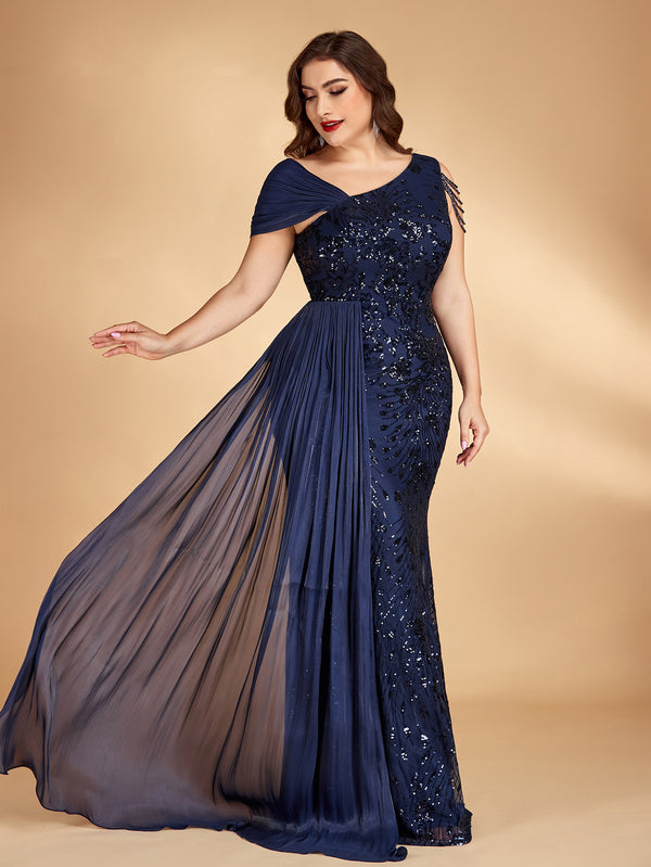 Plus Size Sequin One-Shoulder Beaded Ribbon Cocktail Dress for Formal Evenings