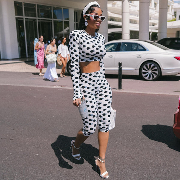 Polka Dot Printed Long Sleeve Crop Top & Shorts Set for Summer