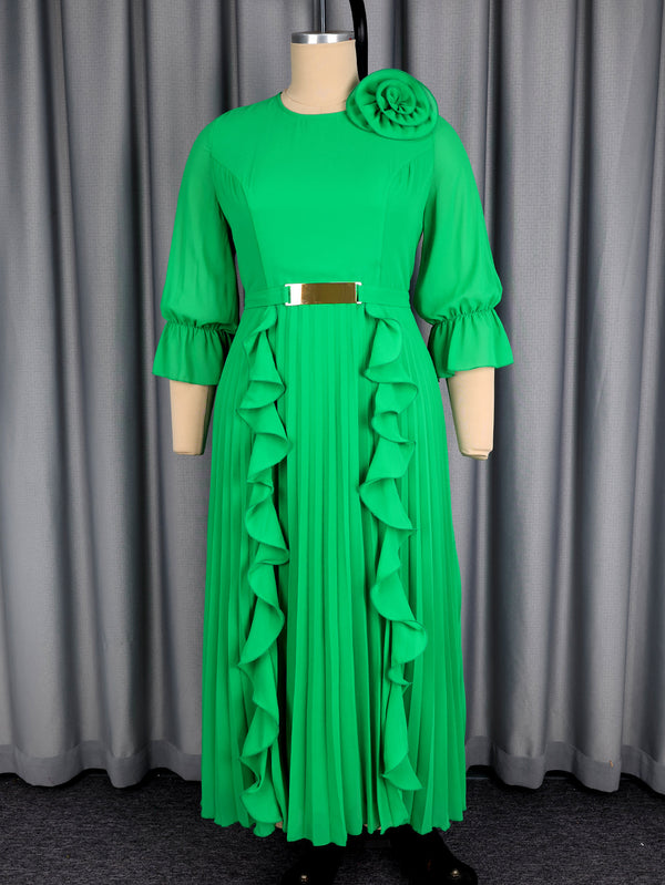 Chiffon Ruffle-Trimmed Pleated A-Line Maxi Dress for Fall