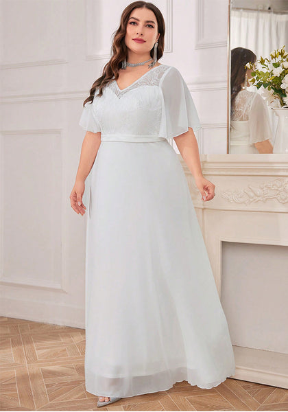 Plus Size Women's V-Neck White Solid Color Formal Party Evening Dress