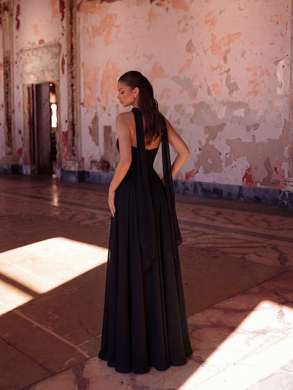 Solid Chiffon Halter Strapless Slit Evening Dress for Formal Parties
