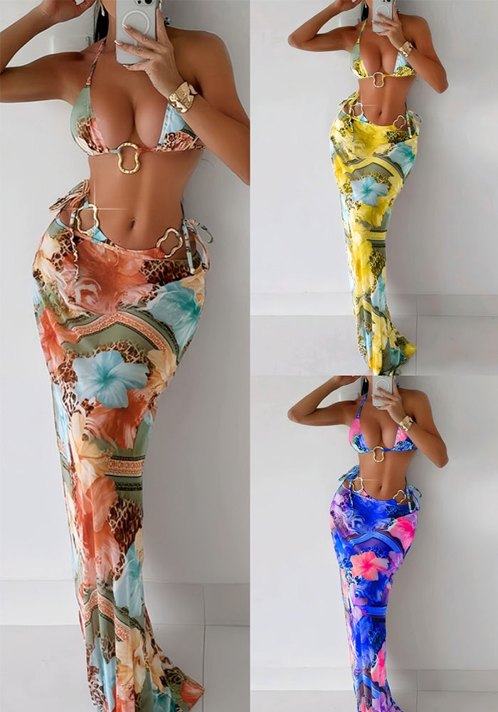 Printed Tie-Strap Bikini & Beach Skirt Three-Piece Swimsuit Set