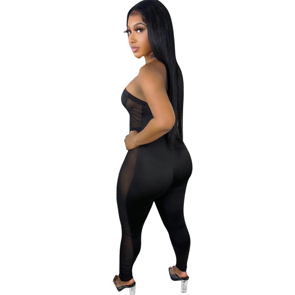 Lace-Up Mesh Patchwork See-Through Jumpsuit for Club Wear
