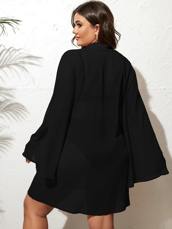Plus Size Chiffon Lace Bell Sleeve Sun Protection Bikini Cover-Up