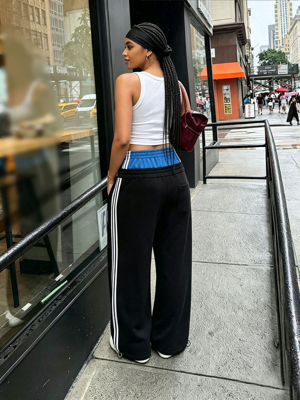 Drawstring Double-Waist Color-Block Patchwork Letter-Embroidered Sweatpants