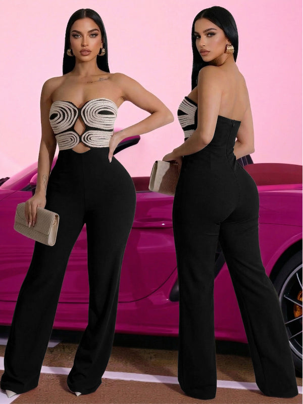 Color Block Webbing Strapless Jumpsuit for Club Wear