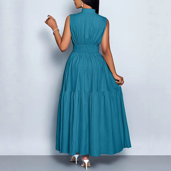Solid Textured Sleeveless Stand-Collar Pearl Button Slim-Waist Lace-Up Maxi Dress