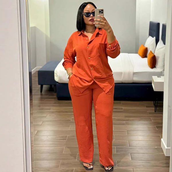 Plus Size Long Sleeve Button Shirt & Pants Set for Career Wear