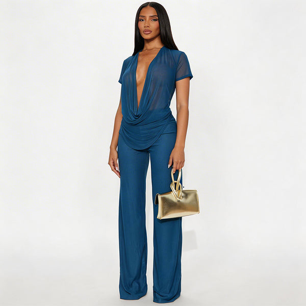 Mesh Deep V-Neck Top & High Waist Bell Bottom Pants Set for Spring & Summer