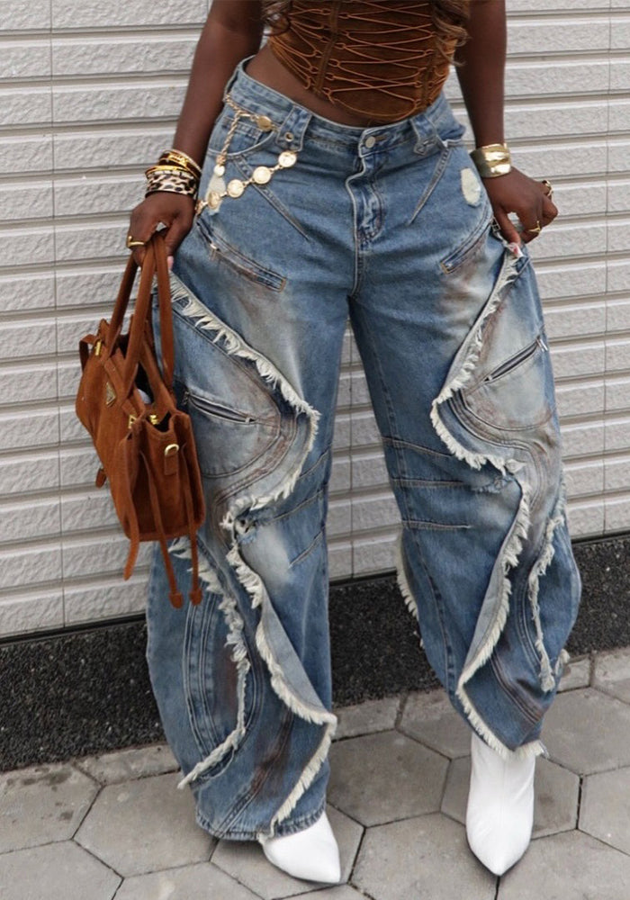 Ripped Raw Edge Denim Jeans for Casual Streetwear