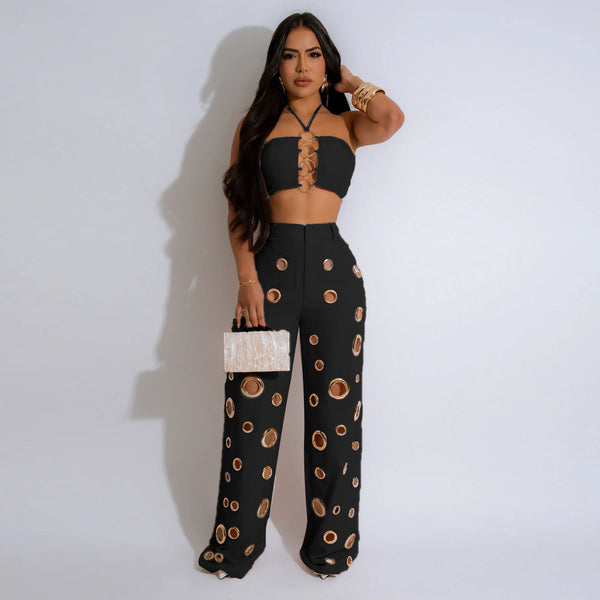 Solid Top & Ripped Pants Two-Piece Set for Casual Streetwear