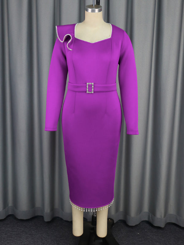 Round Neck Ruffled Long Sleeve Dress for Elegant Occasions