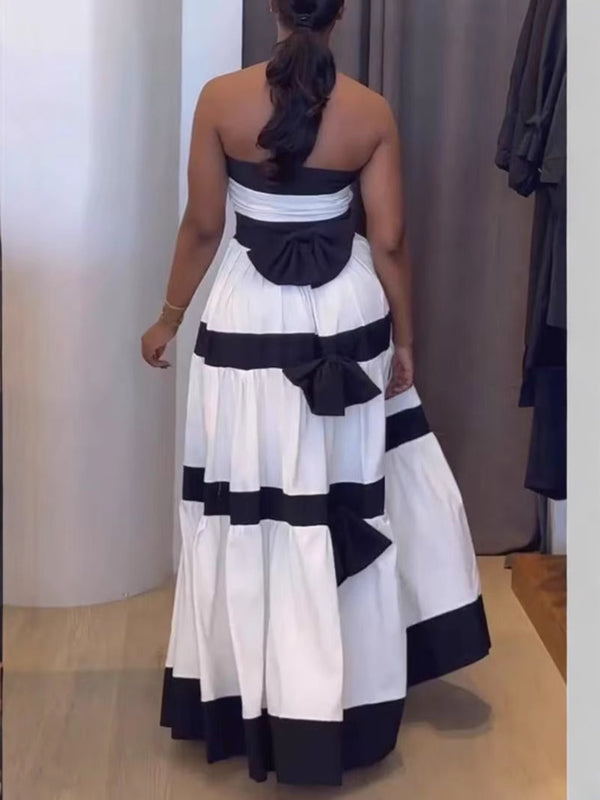 Patchwork Striped Bow Colorblock Dress for Summer Outings