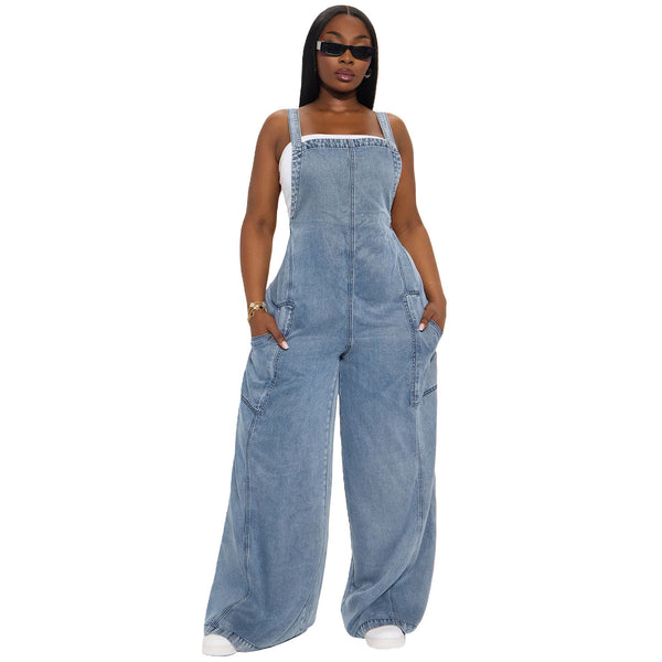 Washed Denim Wide Leg Jumpsuit Overalls for Casual Streetwear
